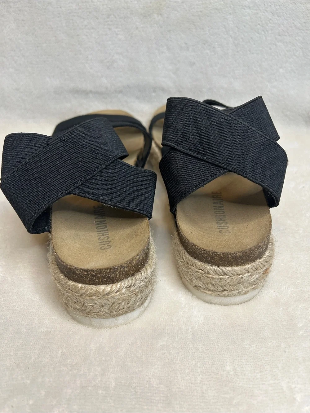 Cushionaire Mandy Black Elastic Strap Jute Espadrille Platform Sandals Women 7.5